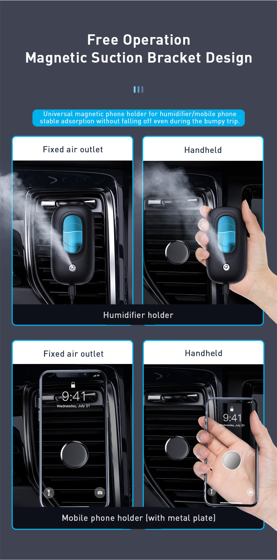 Car Portable Air Humidifier with Magnetic Vent Mount Holder
