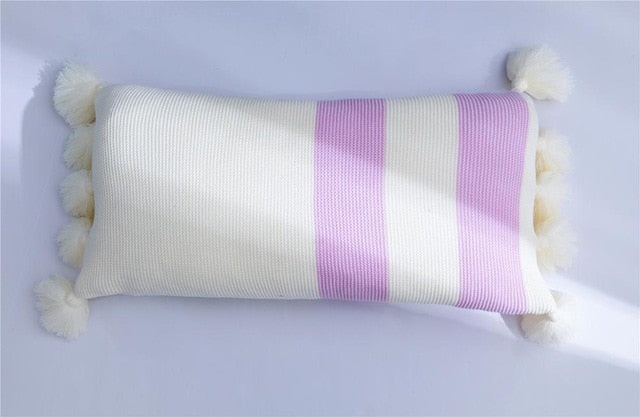 Cute Pompoms Decorative Pillowcase Stripe Pure Nature Cotton