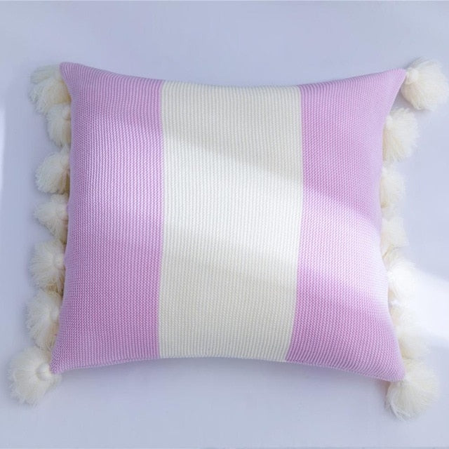 Cute Pompoms Decorative Pillowcase Stripe Pure Nature Cotton